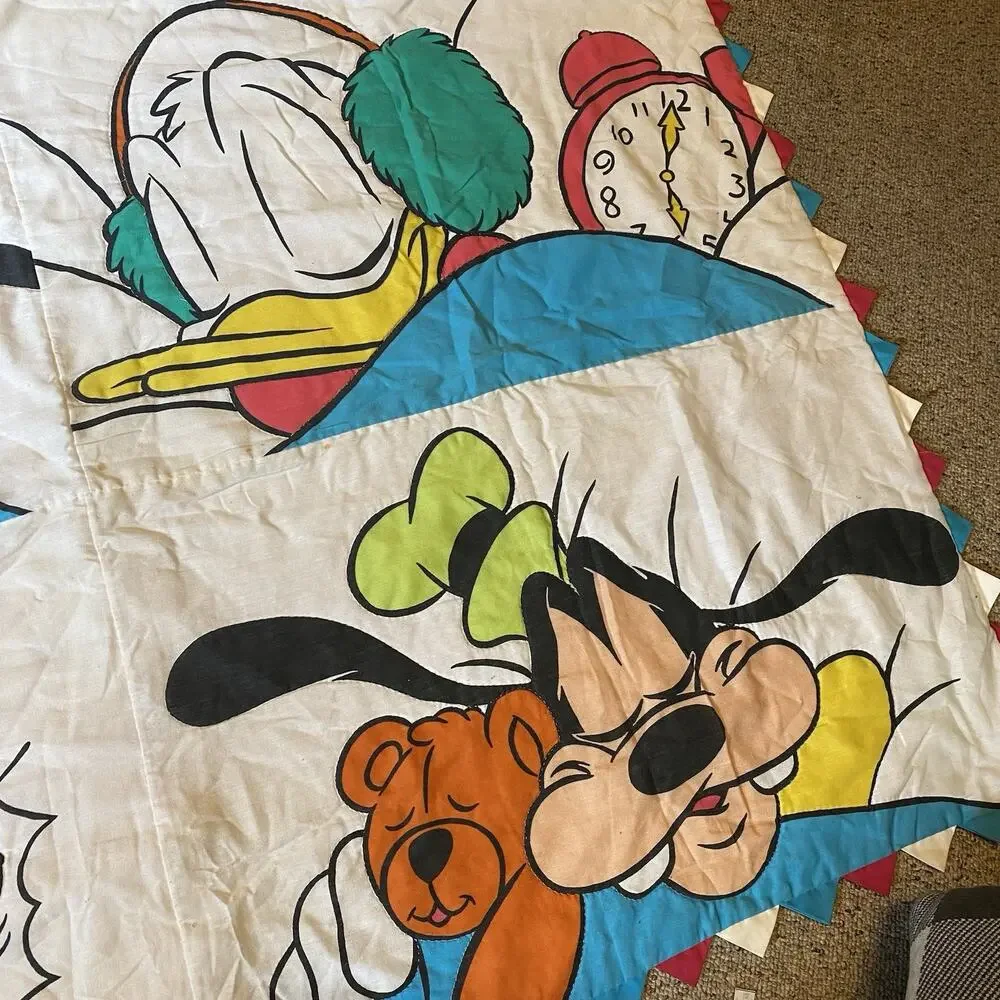 Vintage Disney Baby Crib Blanket Quilted Donald Goofy Alarm Clock Teddy 54”x36”
